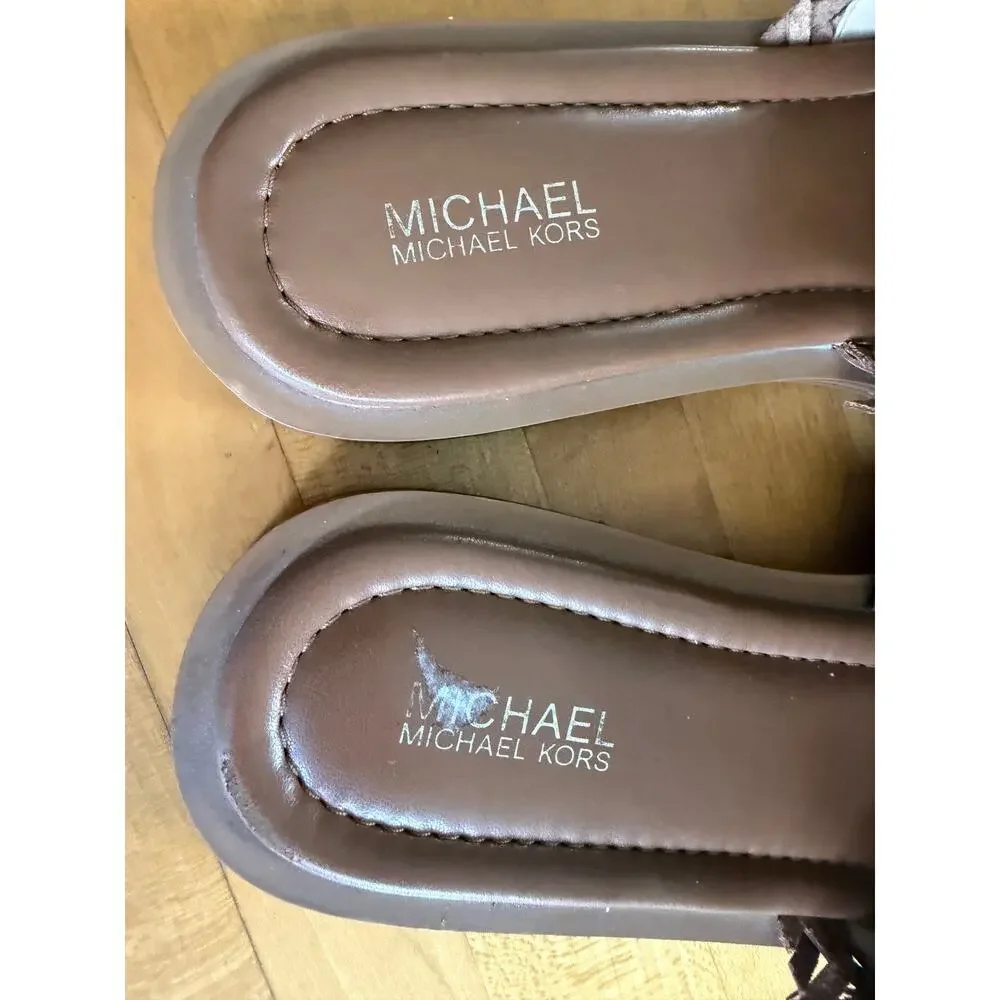 Michael Kors Dee Woven Leather Brown Slide Sandals Size 8